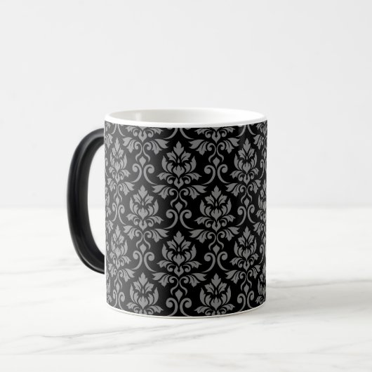 Feuille Damask Pattern Grey op Black Magische Mok (Voorkant links)