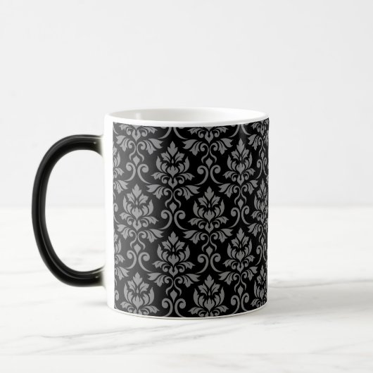 Feuille Damask Pattern Grey op Black Magische Mok (Links)