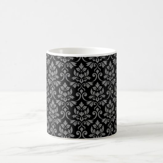 Feuille Damask Pattern Grey op Black Magische Mok (Center)