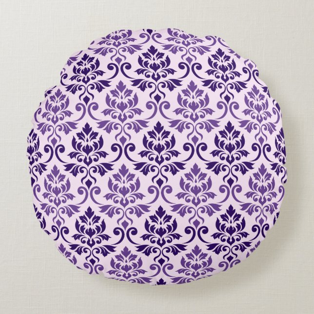 Feuille Damask Pattern Purples op Roze Rond Kussen (Voorkant)