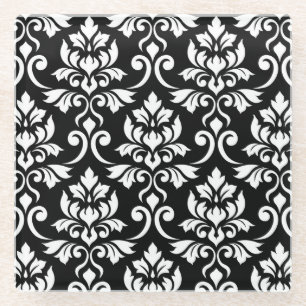 Feuille Damask Pattern White op Black Glazen Onderzetter