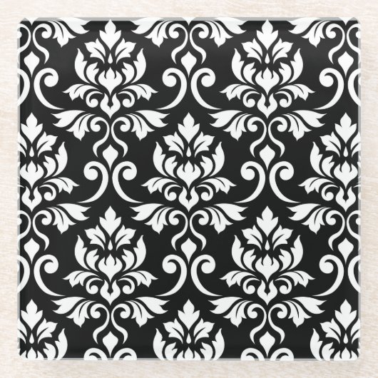 Feuille Damask Pattern White op Black Glazen Onderzetter (Voorkant)
