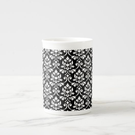 Feuille Damask Pattern White op Black Porselein Kop (Voorkant)