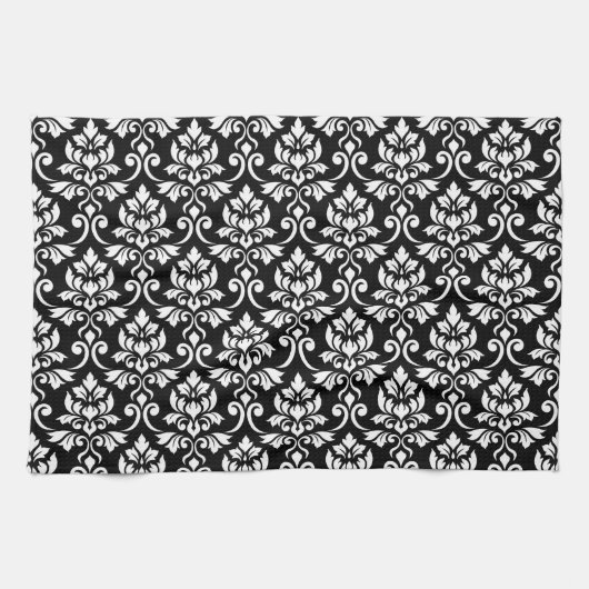 Feuille Damask Pattern White op Black Theedoek (Horizontaal)