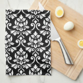 Feuille Damask (v) Patroon Wit op Zwart Theedoek (Quarter Fold)