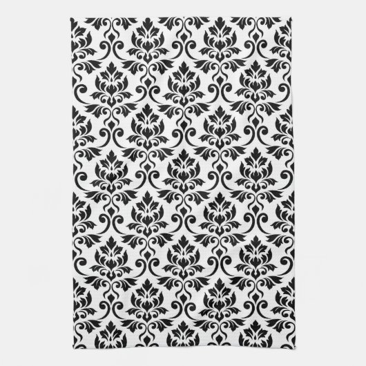 Feuille Damask (v) Patroon Zwart op Wit Theedoek (Verticaal)