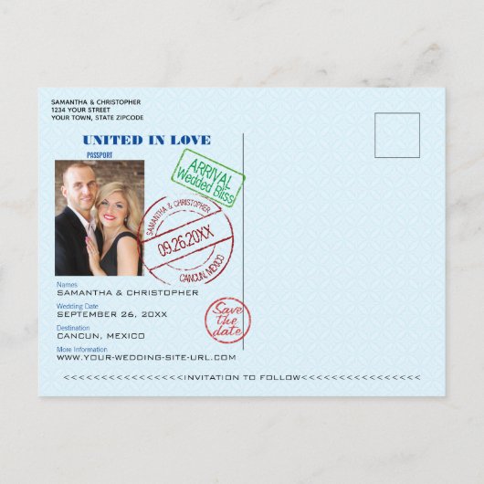 Feun Passport Destination Wedding Save the Date Briefkaart (Achterkant)