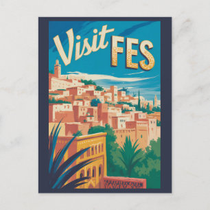 Fez Marokko Afrika Illustratie Reis Kunst Vintage Briefkaart
