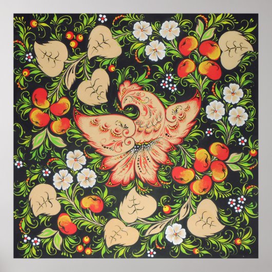 Fhoenix-vuurvogelkunst in Russisch folkhokhloma Poster (Voorkant)