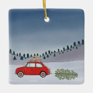 Fiat 500 auto met Kerstboom Aquarel Keramisch Ornament
