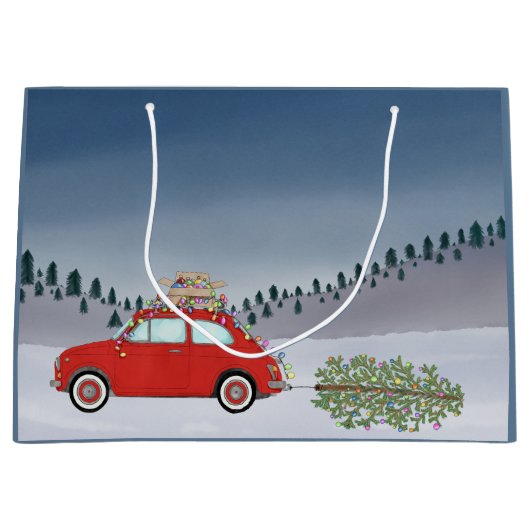 Fiat 500 auto met kerstboom groot cadeauzakje (Voorkant)