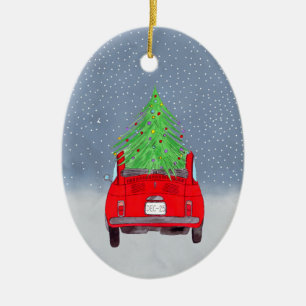 Fiat 500 auto met kerstboom Waterverf Keramisch Ornament