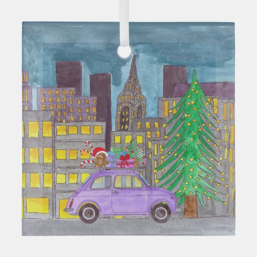 Fiat 500 in de  stad glas ornament (Voorkant)