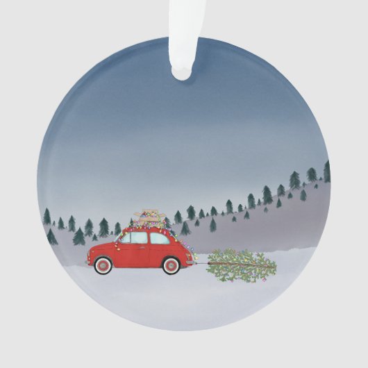 "Fiat 500 met kerstboom Waterverf Ornament (voorkant)