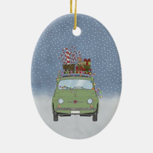 Fiat 500 met kerstcadeaus Keramische Kerstbal Keramisch Ornament (Achterkant)