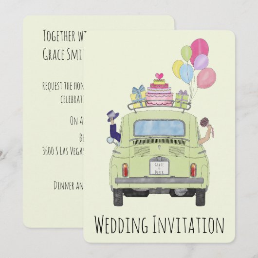 Fiat 500 Paar in auto bruiloft uitnodiging (Voorkant / Achterkant)
