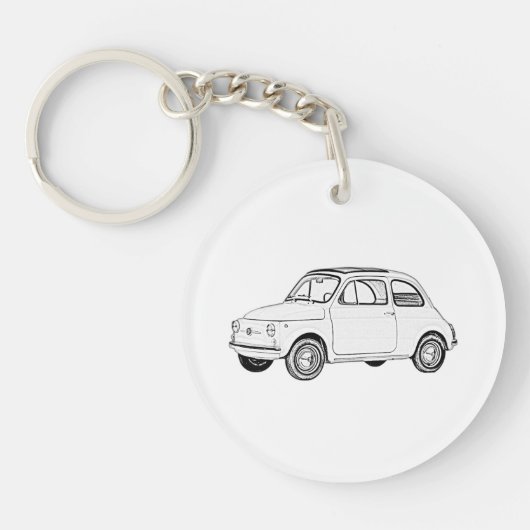 Fiat 500 Topolino Black and White Line Drawing Sleutelhanger (Voorkant)