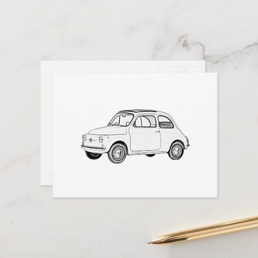 Fiat 500 Topolino Black and White Pencil Tekening Briefkaart (Voorkant / Achterkant in situ)
