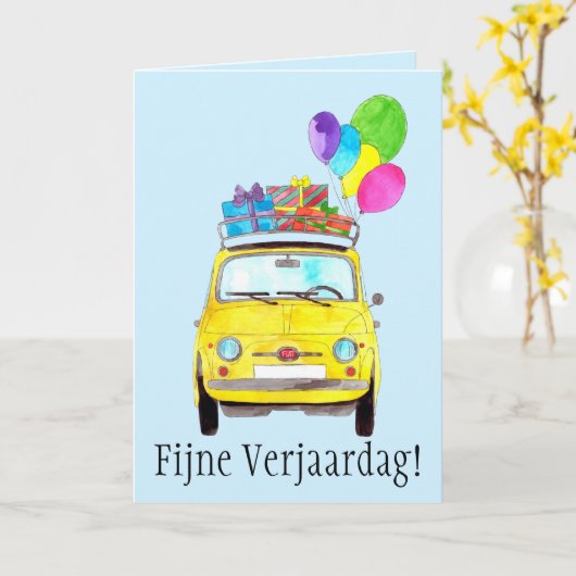 Fiat 500 verjaardags kaart (Gele Bloem)