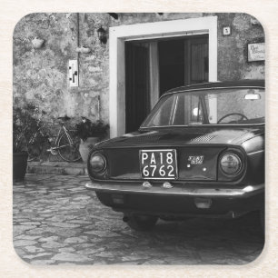 FIAT-auto in Italië in zwart-wit Kartonnen Onderzetters