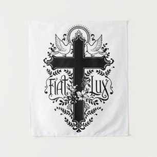 Fiat Lux – kruisje met duiven en bloemmotief Wandkleed
