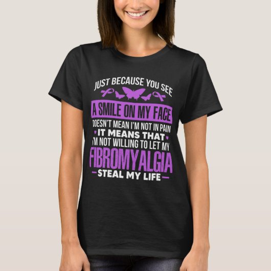 Fibro Warrior Paarse lintvlinder T-shirt (Voorkant)