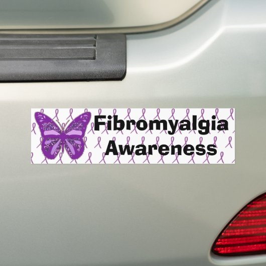 Fibromyalgie Paarse bewustzijn vlinderlint Bumpersticker (Op auto)