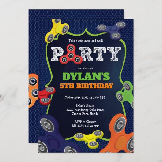 Fidget Spinner Birthday Party Invitation Kaart (Voorkant / Achterkant)