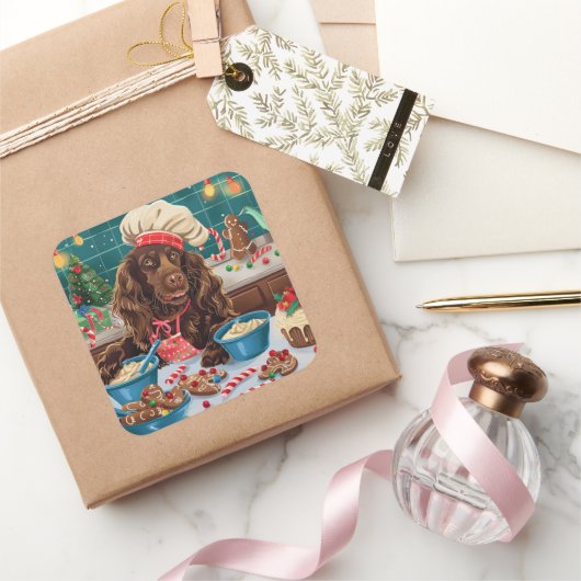 Field Spaniel Holiday Baking: Feestelijke Kerst Vierkante Sticker (Geschenken)