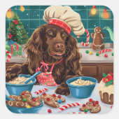 Field Spaniel Holiday Baking: Feestelijke Kerst Vierkante Sticker (Voorkant)