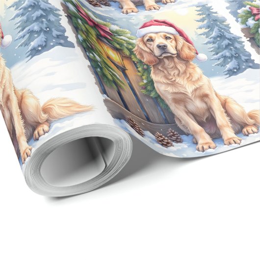 Field Spaniel Snowy Fence Santa Hat Christmas Art Cadeaupapier (Rol Hoek)