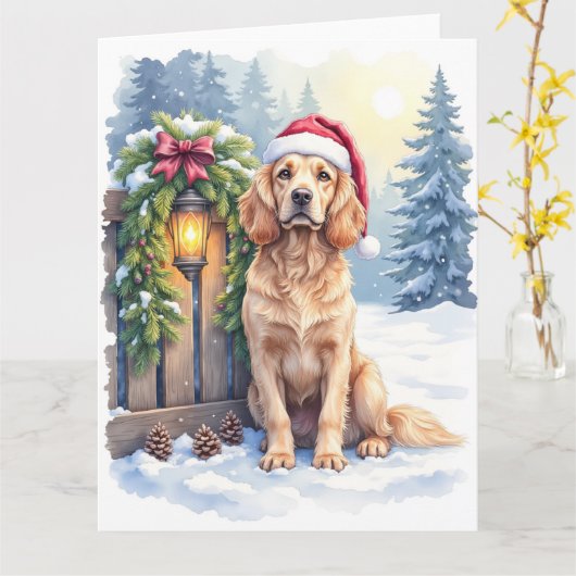 Field Spaniel Snowy Fence Santa Hat Christmas Art Kaart (Gele Bloem)