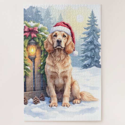 Field Spaniel Snowy Fence Santa Hat Christmas Art Legpuzzel (Verticaal)
