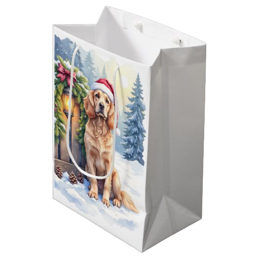 Field Spaniel Snowy Fence Santa Hat Christmas Art Medium Cadeauzakje (Voorkant Gekanteld)