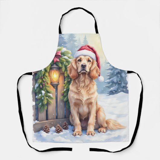 Field Spaniel Snowy Fence Santa Hat Christmas Art Schort (Voorkant)