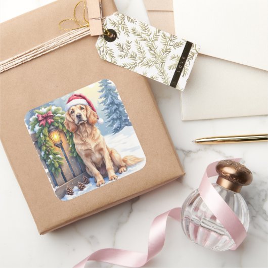 Field Spaniel Snowy Fence Santa Hat Christmas Art Vierkante Sticker (Geschenken)