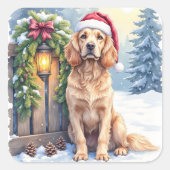 Field Spaniel Snowy Fence Santa Hat Christmas Art Vierkante Sticker (Voorkant)
