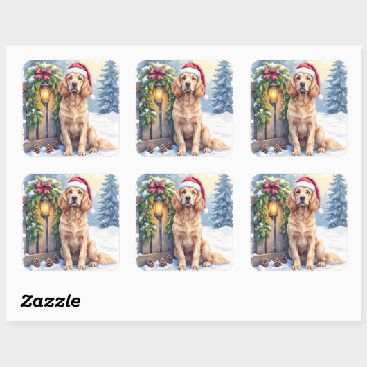 Field Spaniel Snowy Fence Santa Hat Christmas Art Vierkante Sticker (Vel)