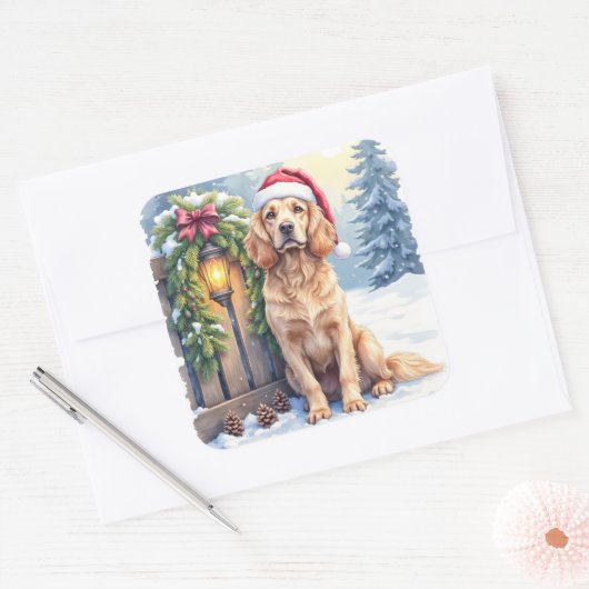 Field Spaniel Snowy Fence Santa Hat Christmas Art Vierkante Sticker (Envelop)