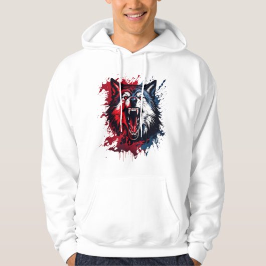 Fierce Alpha Wolf – Red & Blue Splatter Art | wild Hoodie (Voorkant)