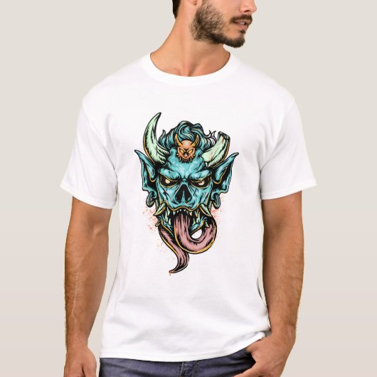 Fierce Blue Oni Masker Draak T-shirt (Voorkant)