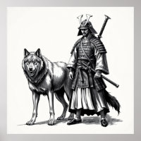 Fierce Bond: Samurai en Wolf houtskool kunst