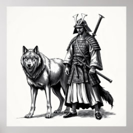 Fierce Bond: Samurai en Wolf houtskool kunst Poster