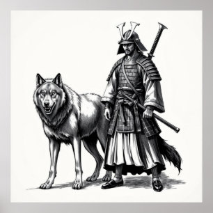 Fierce Bond: Samurai en Wolf houtskool kunst Poster