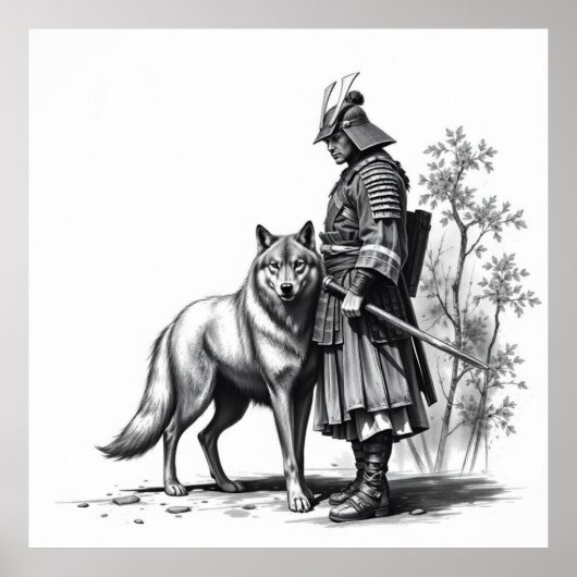 Fierce Bond: Samurai en Wolf houtskool kunst Poster (Voorkant)