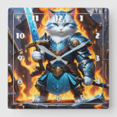 Fierce Cat Warrior in de strijd Armor met zwaard Vierkante Klok (Voorkant)