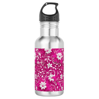 Fierce Fuchsia Wit 3D Bloemen Patroon Ontwerp Waterfles