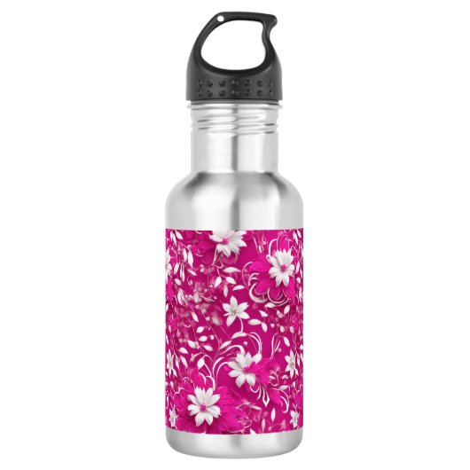 Fierce Fuchsia Wit 3D Bloemen Patroon Ontwerp Waterfles (Voorkant)