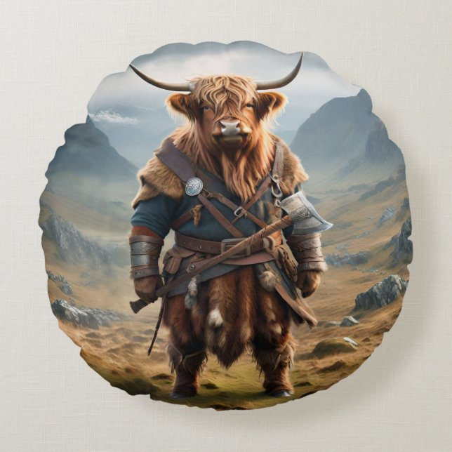 Fierce Highland Warrior: de moedige Koe Viking Rond Kussen (Voorkant)