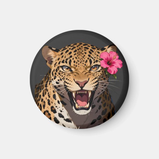 Fierce Leopard Pink Flower Keychain Magneet (Voorkant)